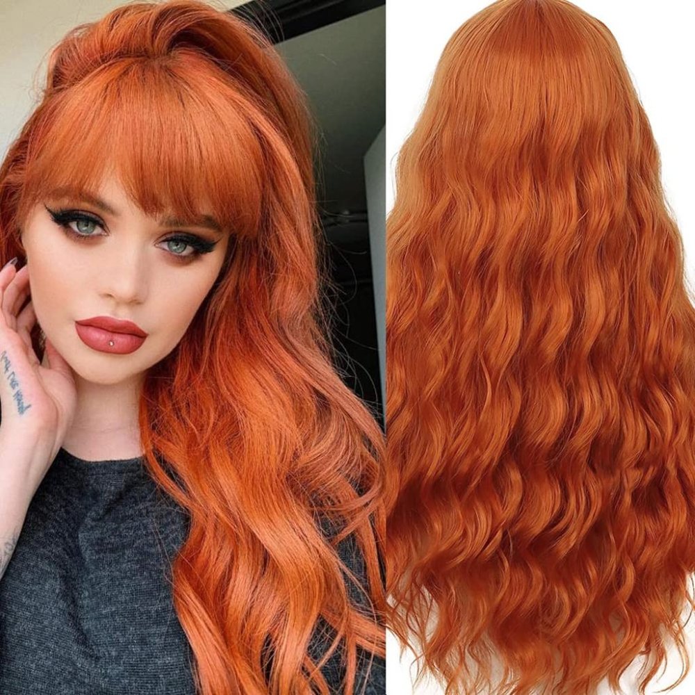 Ladies 27.5 Red Hair Wavy Bangs Wig